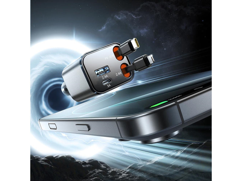 Joyroom JR-CCL05 30W 4-in-1 Car Charger with 2 Built-in Retractable Cables - Dark Gray