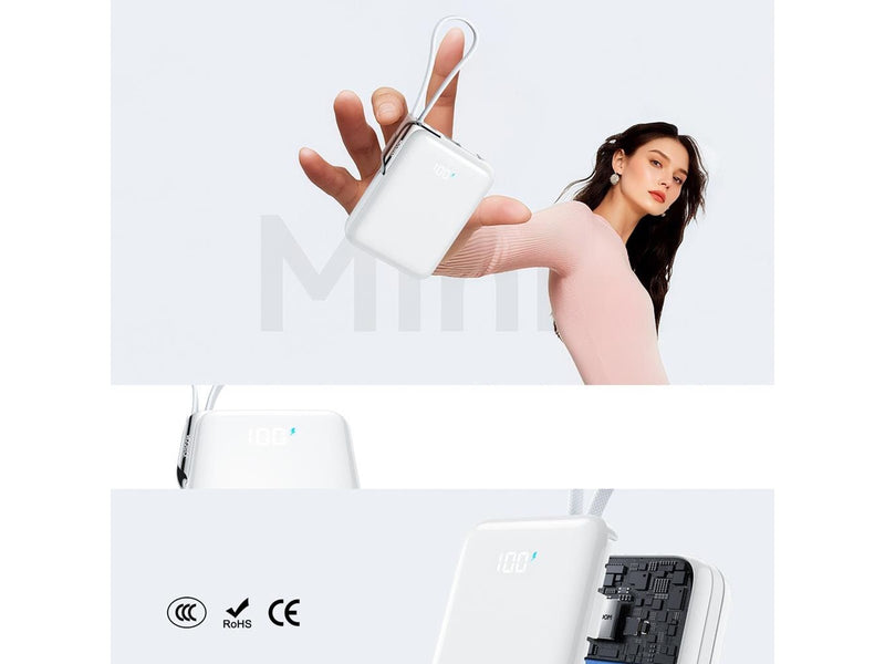 Joyroom JR-PBF27 Pro 10000mAh 30W Power Bank with Built-in USB-C Cable and Additional Bidirectional USB-C to Lightning Cable - White - 10000 mAh