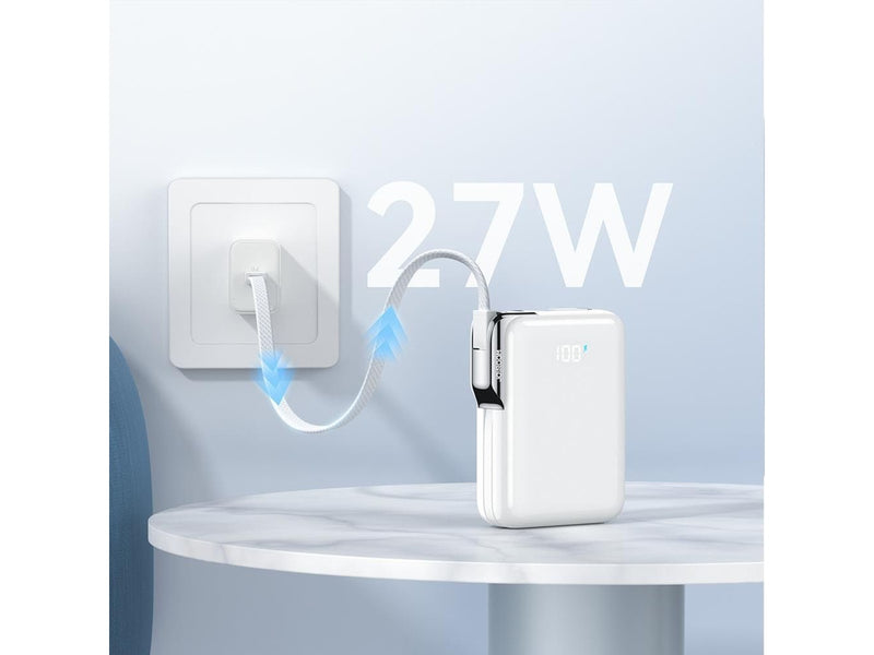 Joyroom JR-PBF27 Pro 10000mAh 30W Power Bank with Built-in USB-C Cable and Additional Bidirectional USB-C to Lightning Cable - White - 10000 mAh