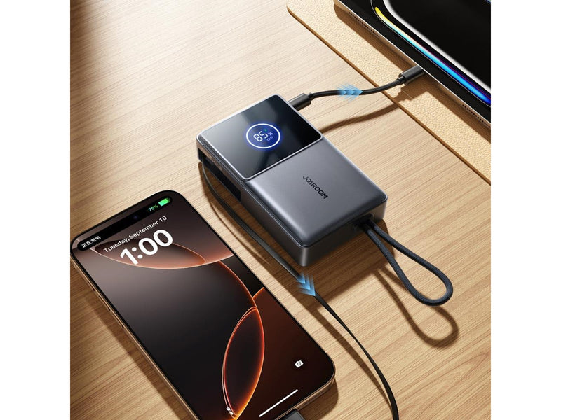 Joyroom JR-PR1 10000mAh 22.5W Powerbank with Built-in Retractable USB-C Cable - Black - 10000 mAh