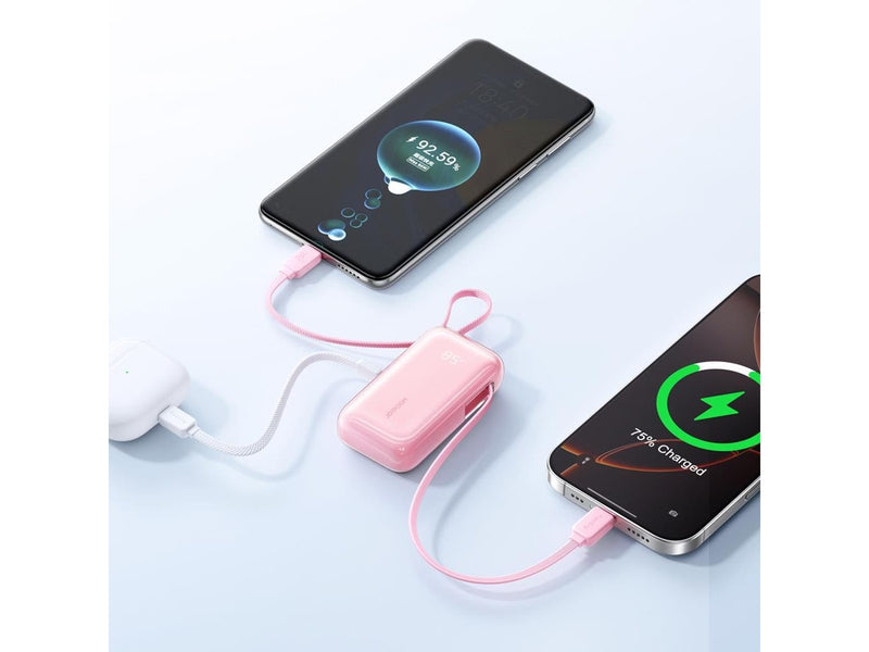 Joyroom JR-PR2L 10000mAh 35W Power Bank with Built-in Retractable USB-C Cable and Lightning Lanyard Cable - Pink - 10000 mAh