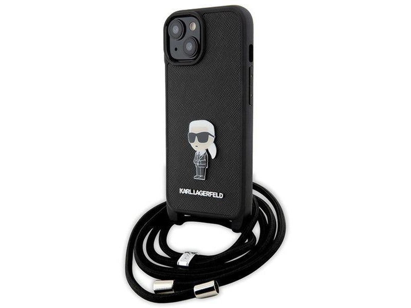 Karl Lagerfeld Crossbody Saffiano Monogram Metal Pin Karl & Choupette Case for iPhone 15 - Black