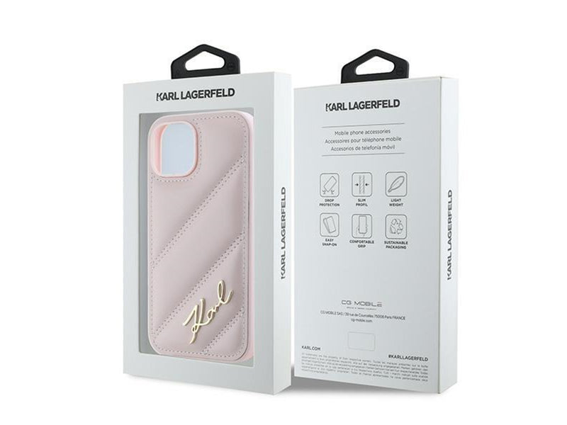 Karl Lagerfeld Diagonal Quilted Script case for iPhone 14 / 15 / 13 - pink