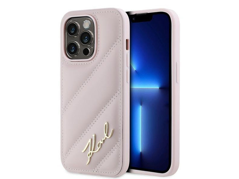 Karl Lagerfeld Diagonal Quilted Script case for iPhone 14 Pro Max - pink