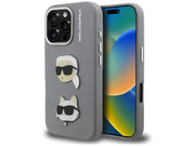Karl Lagerfeld FW Grained Karl & Choupette Heads Pins Case for iPhone 16 Pro - Gray
