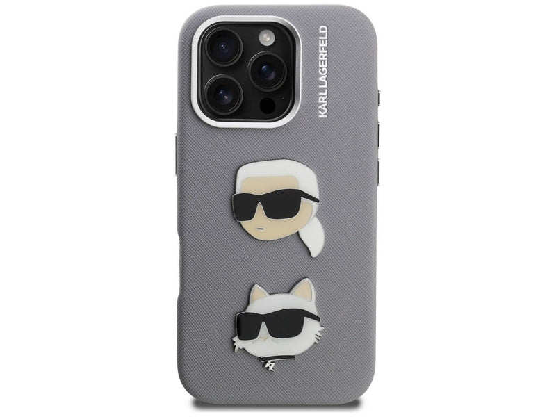 Karl Lagerfeld FW Grained Karl & Choupette Heads Pins Case for iPhone 16 Pro - Gray