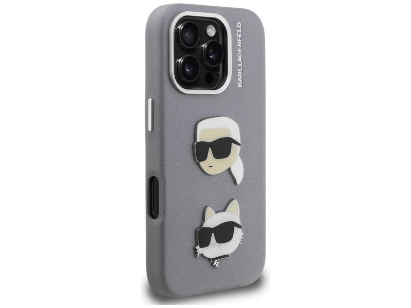 Karl Lagerfeld FW Grained Karl & Choupette Heads Pins Case for iPhone 16 Pro - Gray