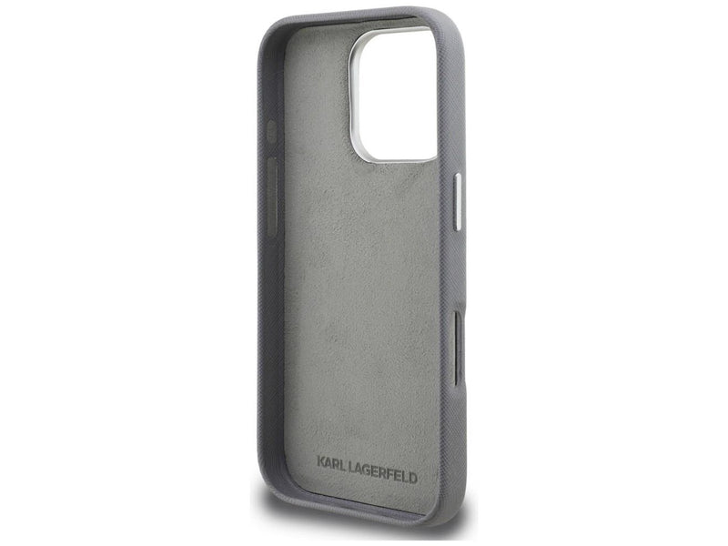 Karl Lagerfeld FW Grained Karl & Choupette Heads Pins Case for iPhone 16 Pro - Gray