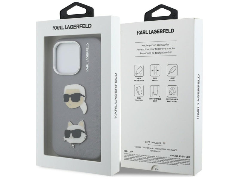 Karl Lagerfeld FW Grained Karl & Choupette Heads Pins Case for iPhone 16 Pro - Gray