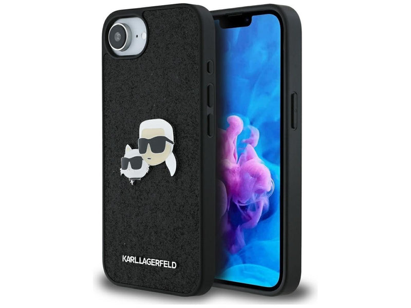 Karl Lagerfeld Fixed Glitter Karl&Choupette Heads Metal Pin iPhone 16e Case - Black