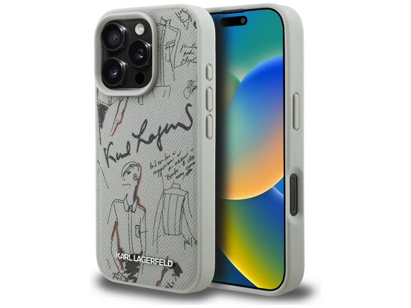 Karl Lagerfeld Grained Pattern & Logo MagSafe Case for iPhone 16 Pro Max - Gray