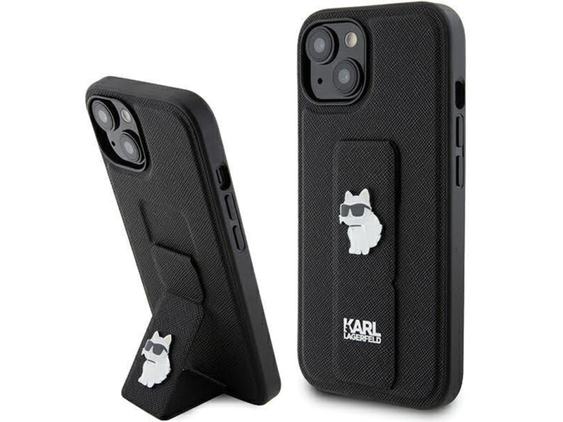 Karl Lagerfeld Gripstand Saffiano Choupette Pins Case for iPhone 15 Plus / 14 Plus - Black