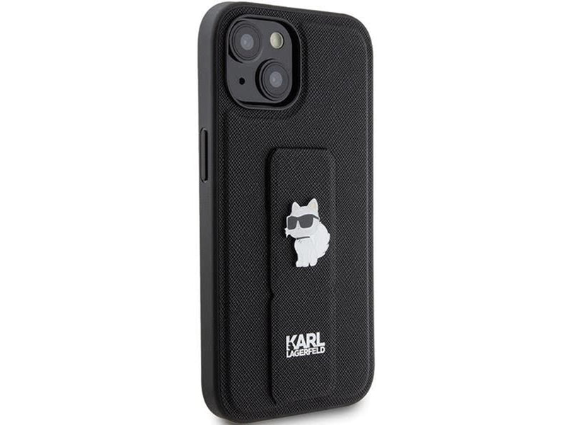 Karl Lagerfeld Gripstand Saffiano Choupette Pins Case for iPhone 15 Plus / 14 Plus - Black