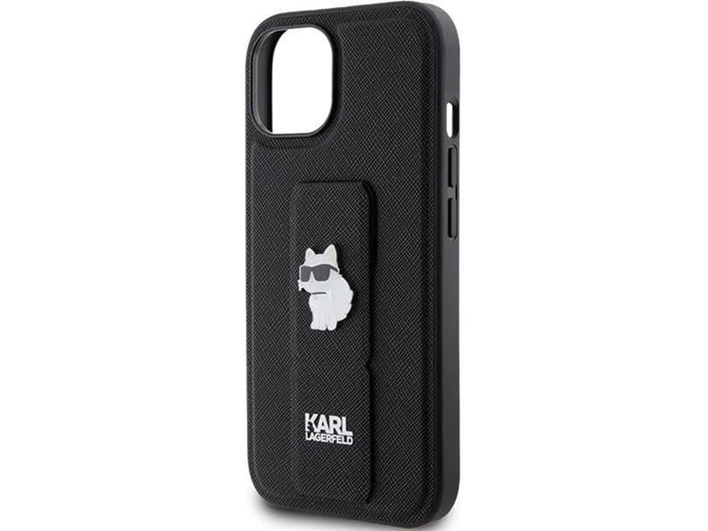 Karl Lagerfeld Gripstand Saffiano Choupette Pins Case for iPhone 15 Plus / 14 Plus - Black