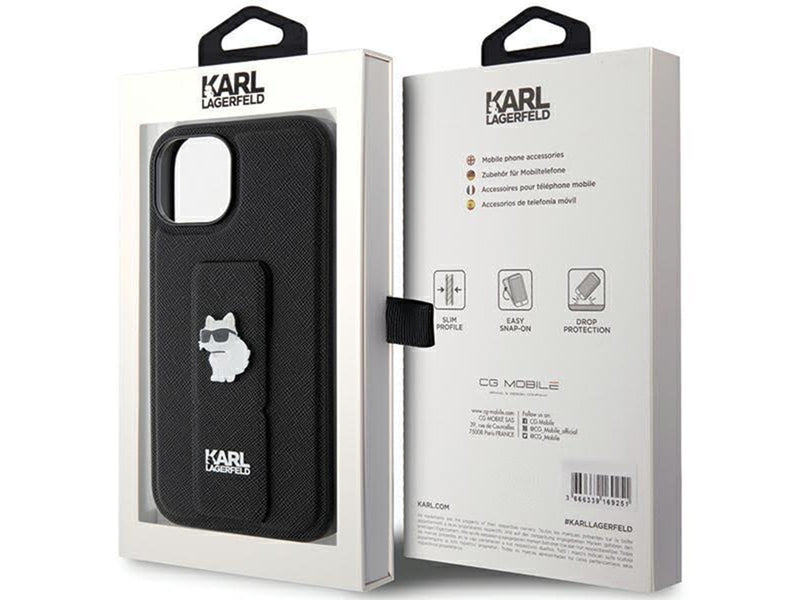 Karl Lagerfeld Gripstand Saffiano Choupette Pins Case for iPhone 15 Plus / 14 Plus - Black