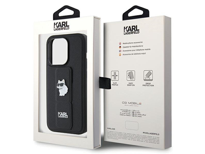 Karl Lagerfeld Gripstand Saffiano Choupette Pins case for iPhone 14 Pro - black