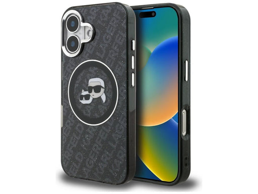 Karl Lagerfeld IML Glitter Karl & Choupette Heads Logo MagSafe Case for iPhone 16 - Black