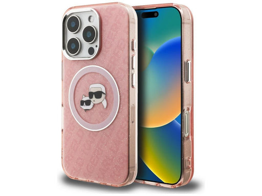 Karl Lagerfeld IML Glitter Karl & Choupette Heads Logo MagSafe Case for iPhone 16 Pro - Pink