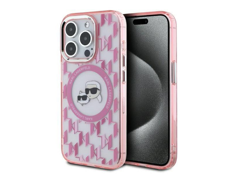 Karl Lagerfeld IML Monogram Karl & Choupette Head MagSafe Case for iPhone 15 Pro Max - Pink