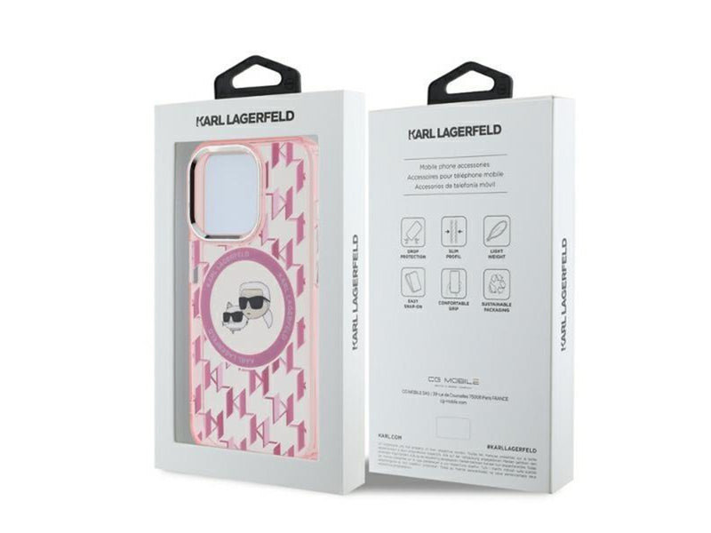 Karl Lagerfeld IML Monogram Karl & Choupette Head MagSafe Case for iPhone 15 Pro Max - Pink