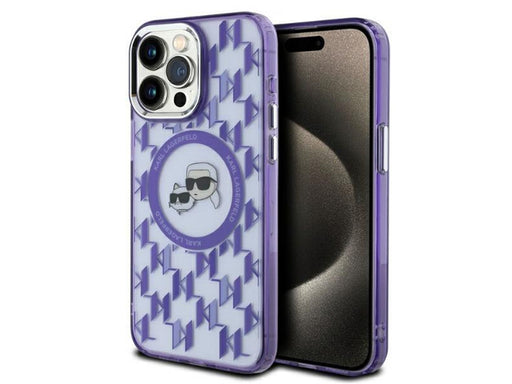 Karl Lagerfeld IML Monogram Karl & Choupette Head MagSafe iPhone 15 Pro Case - Purple