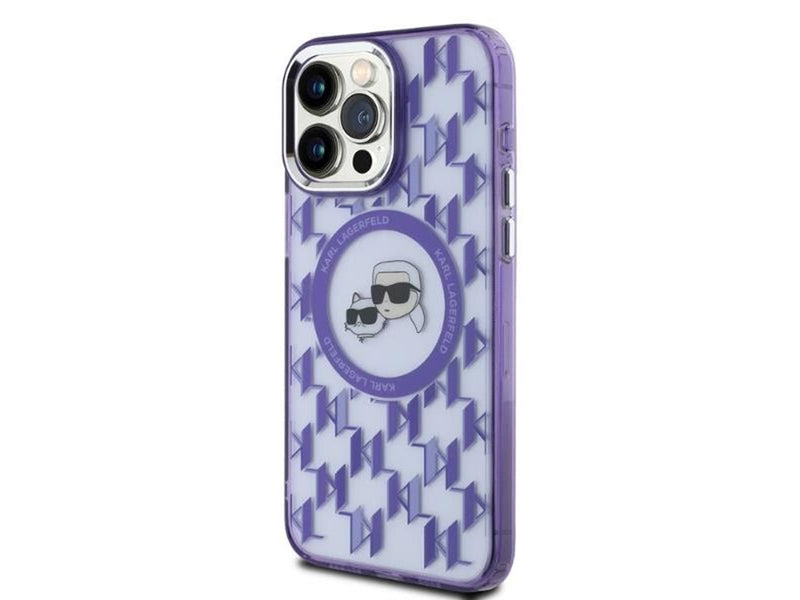 Karl Lagerfeld IML Monogram Karl & Choupette Head MagSafe iPhone 15 Pro Case - Purple
