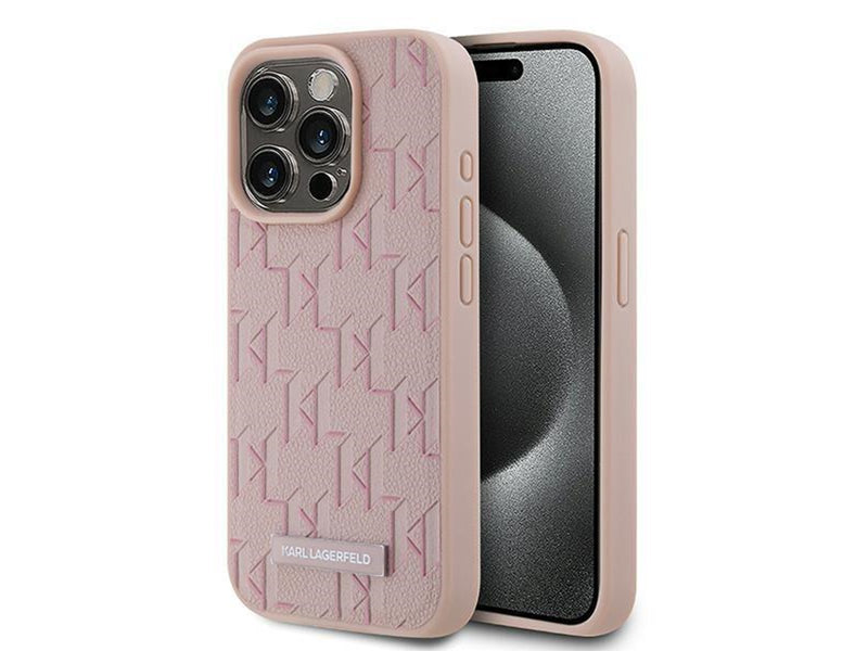 Karl Lagerfeld Leather Monogram Metal Logo case for iPhone 15 Pro - pink