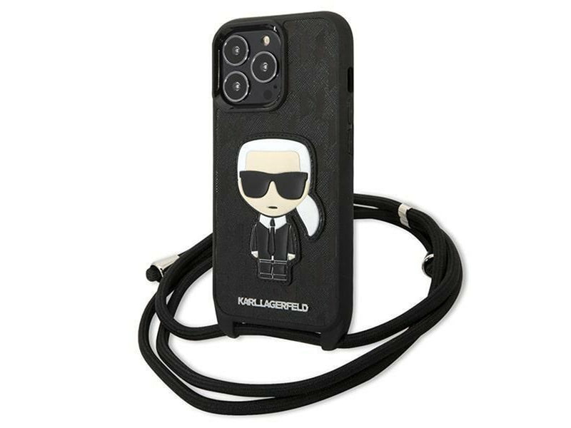 Karl Lagerfeld Leather Monogram Patch and Cord Iconik Case for iPhone 13 Pro / 13 - Black