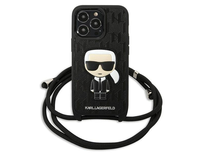 Karl Lagerfeld Leather Monogram Patch and Cord Iconik Case for iPhone 13 Pro / 13 - Black