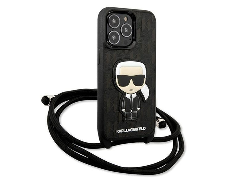 Karl Lagerfeld Leather Monogram Patch and Cord Iconik Case for iPhone 13 Pro / 13 - Black