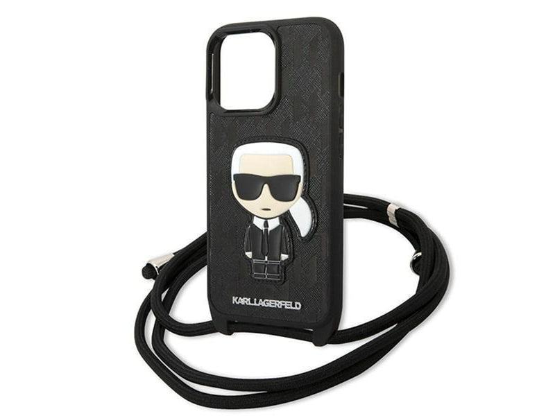 Karl Lagerfeld Leather Monogram Patch and Cord Iconik Case for iPhone 13 Pro / 13 - Black