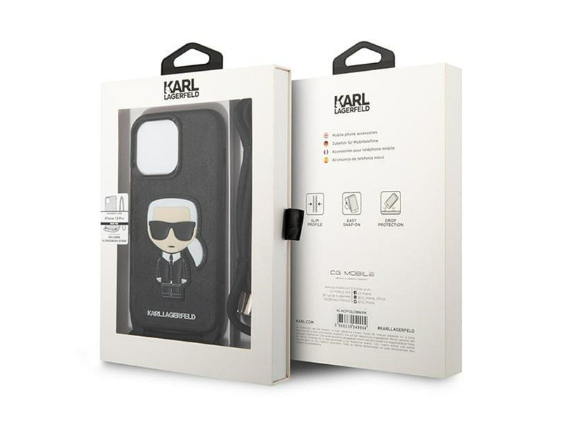 Karl Lagerfeld Leather Monogram Patch and Cord Iconik Case for iPhone 13 Pro / 13 - Black