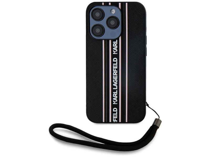 Karl Lagerfeld Saffiano Athleisure Stripes Cord iPhone 15 Pro Case - Pink