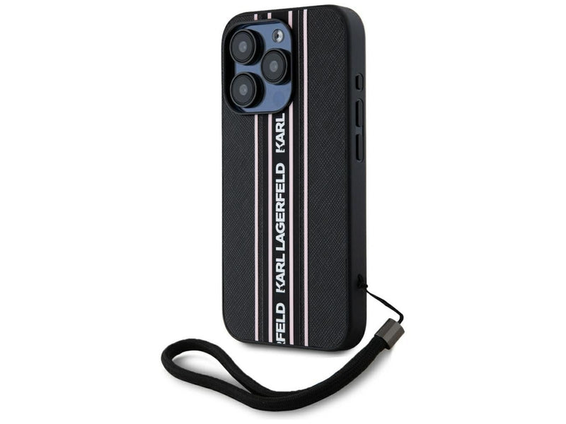 Karl Lagerfeld Saffiano Athleisure Stripes Cord iPhone 15 Pro Case - Pink