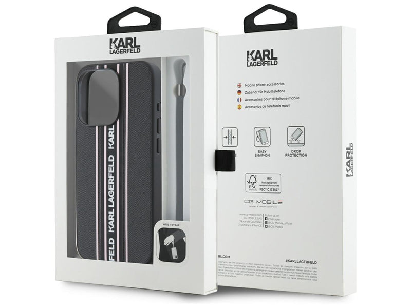 Karl Lagerfeld Saffiano Athleisure Stripes Cord iPhone 15 Pro Case - Pink