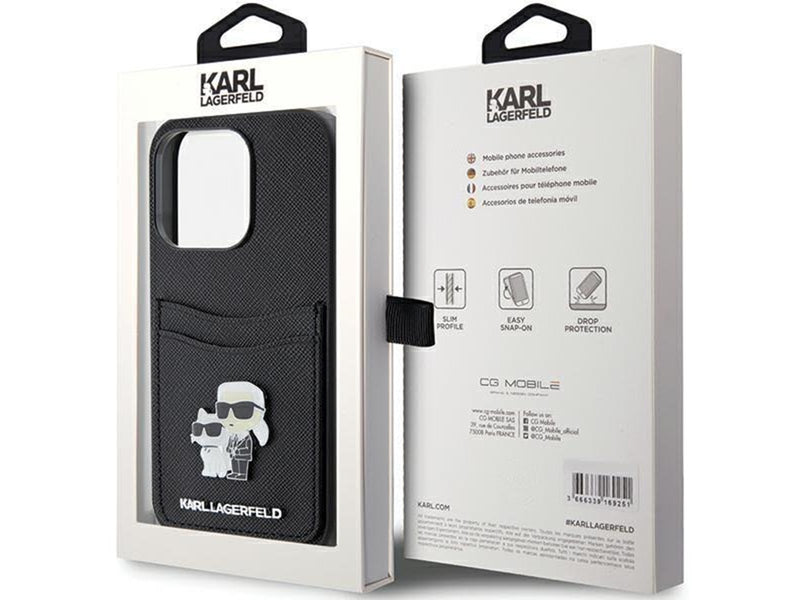 Karl Lagerfeld Saffiano Cardslot Karl&Choupette Metal Pin case for iPhone 15 Pro - black