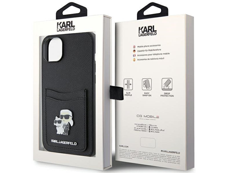 Karl Lagerfeld Saffiano Cardslot Karl&Choupette Metal Pin case for iPhone 15 - black