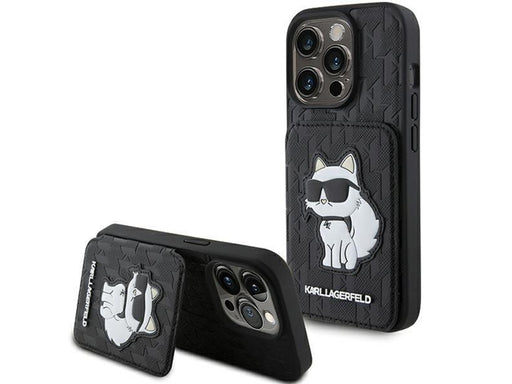 Karl Lagerfeld Saffiano Cardslots and Stand Monogram Choupette Case for iPhone 15 Pro Max - Black
