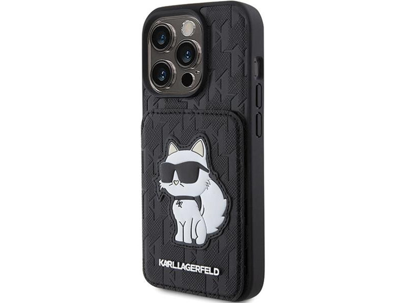 Karl Lagerfeld Saffiano Cardslots and Stand Monogram Choupette Case for iPhone 15 Pro Max - Black