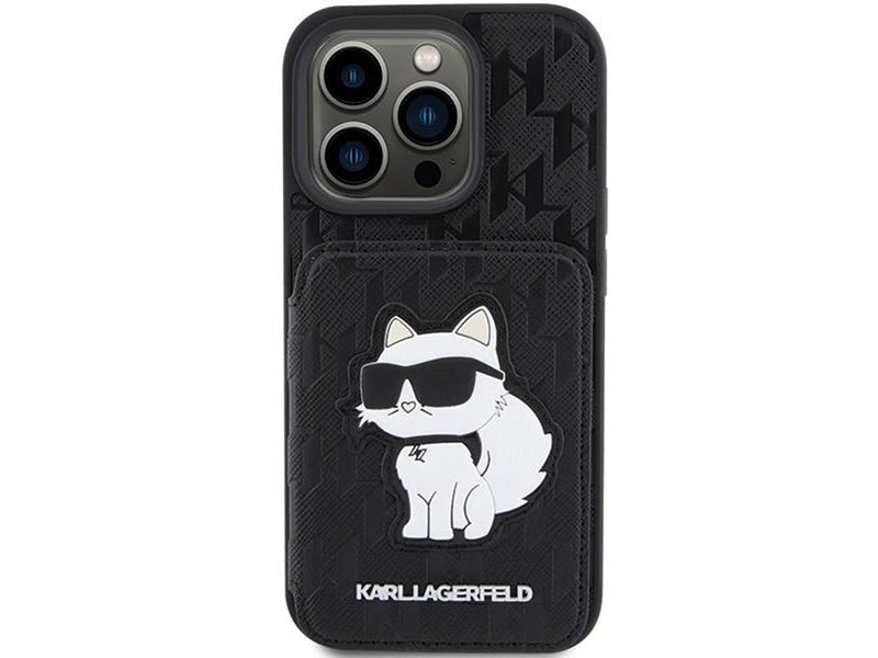 Karl Lagerfeld Saffiano Cardslots and Stand Monogram Choupette Case for iPhone 15 Pro Max - Black