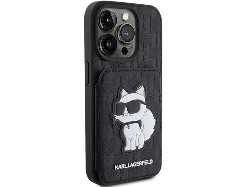 Karl Lagerfeld Saffiano Cardslots and Stand Monogram Choupette Case for iPhone 15 Pro Max - Black