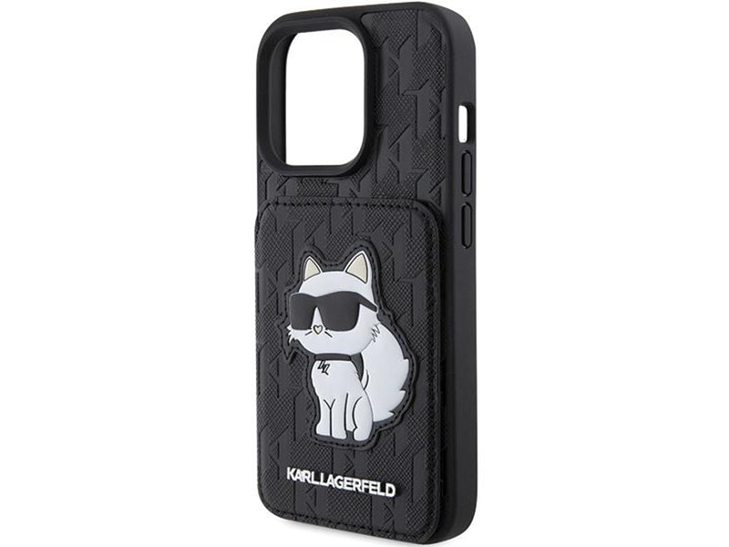 Karl Lagerfeld Saffiano Cardslots and Stand Monogram Choupette Case for iPhone 15 Pro Max - Black