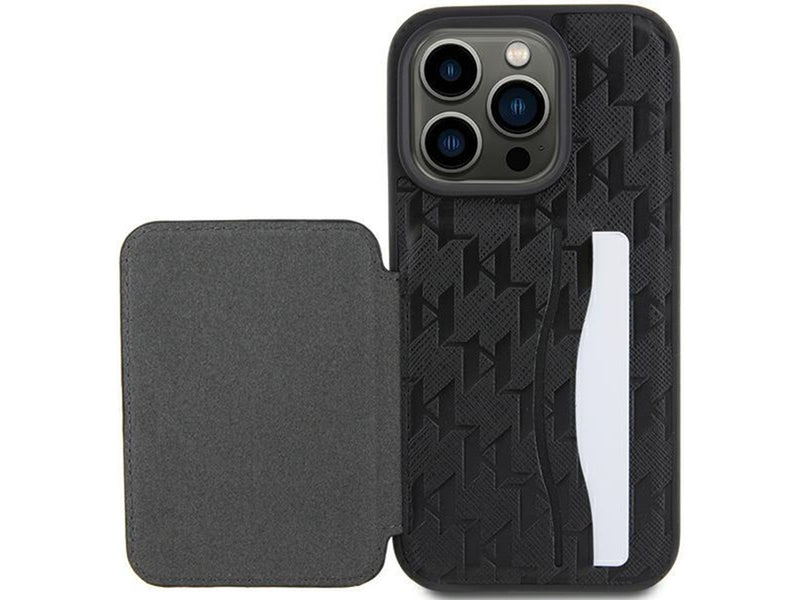 Karl Lagerfeld Saffiano Cardslots and Stand Monogram Choupette Case for iPhone 15 Pro Max - Black