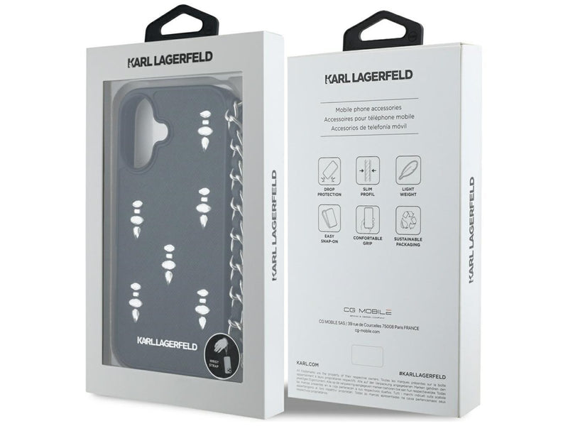 Karl Lagerfeld Saffiano Crystals w/Chain iPhone 16 Case - Black