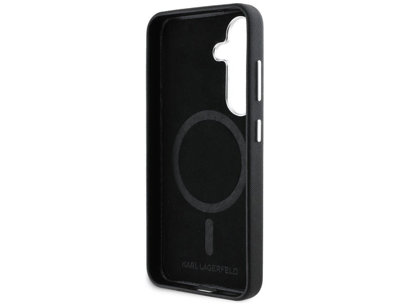 Karl Lagerfeld Saffiano Full Wrapped Elongated Metal Logo MagSafe Case for Samsung Galaxy S25+ - Black