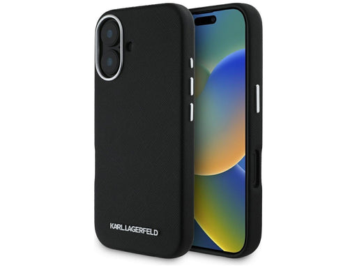 Karl Lagerfeld Saffiano Full Wrapped Elongated Metal Logo MagSafe Case for iPhone 16 - Black