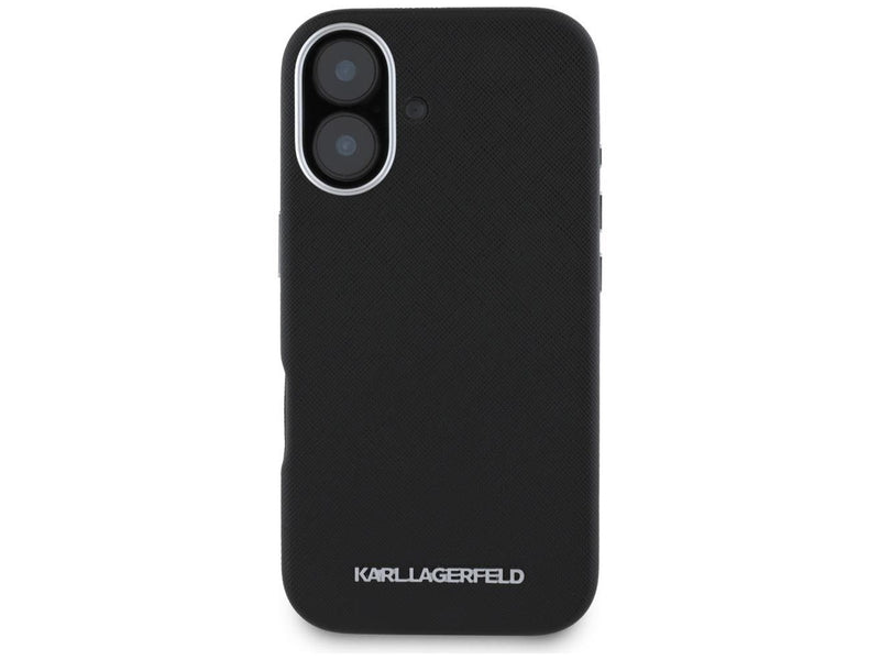 Karl Lagerfeld Saffiano Full Wrapped Elongated Metal Logo MagSafe Case for iPhone 16 - Black