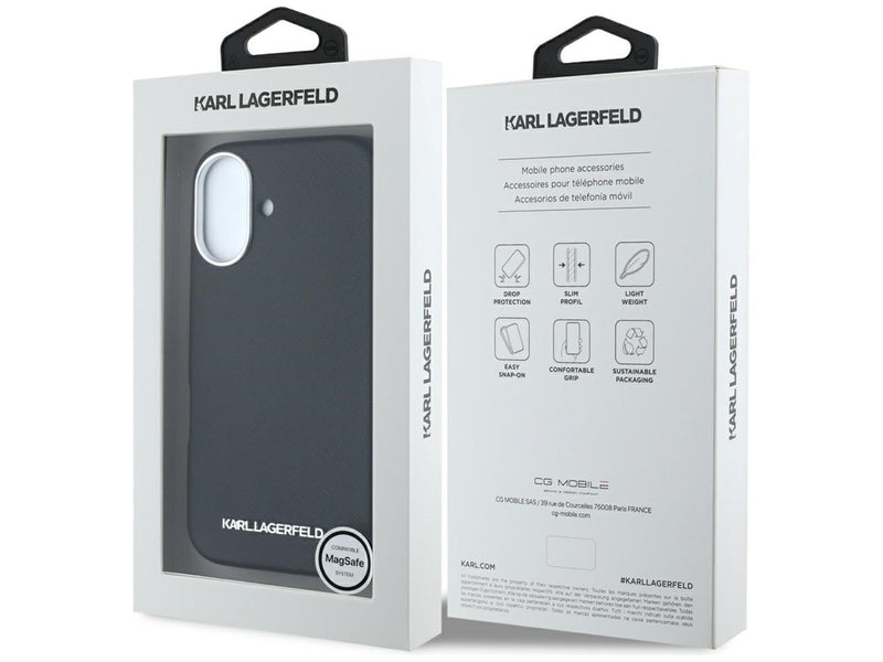 Karl Lagerfeld Saffiano Full Wrapped Elongated Metal Logo MagSafe Case for iPhone 16 - Black