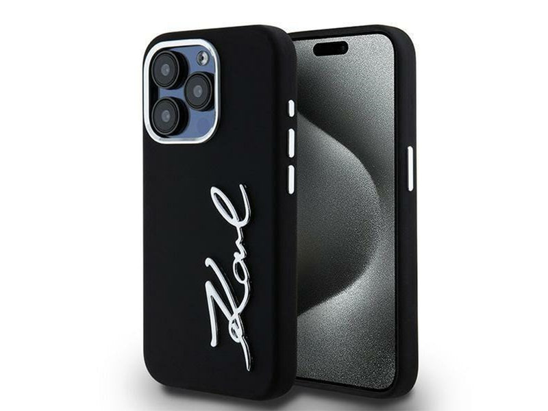 Karl Lagerfeld Silicone Metal Script Logo iPhone 15 Pro Max Case - Black