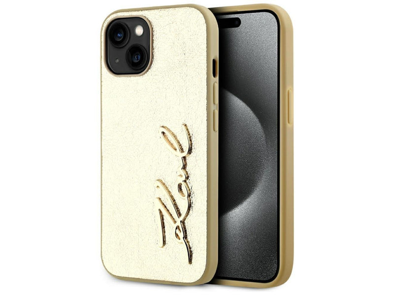 Karl Lagerfeld Wrinkled Metal Signature iPhone 15 Case - Gold